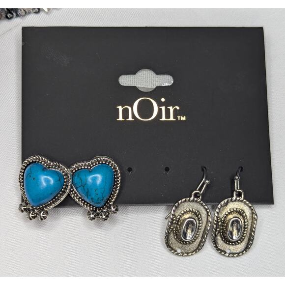 Turquoise Silver Cowboy Hat Heart Earrings - Picture 1 of 5